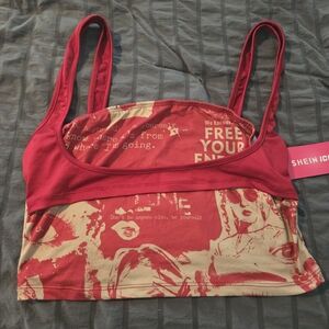 SHEIN Red and Beige Graphic Tank Top